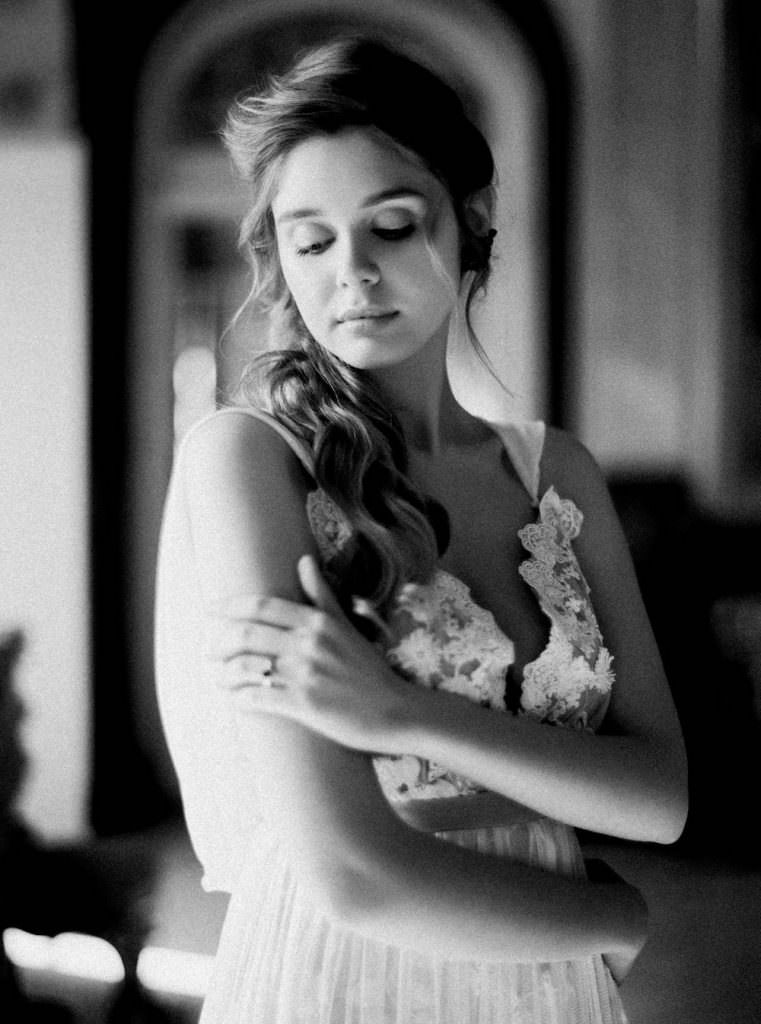 Palace Wedding Inspiration bride black and white photo inside palace