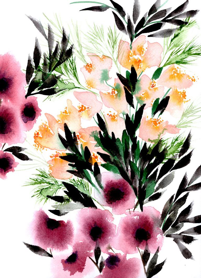 Creating watercolour illustrations - blush and mauve flowers