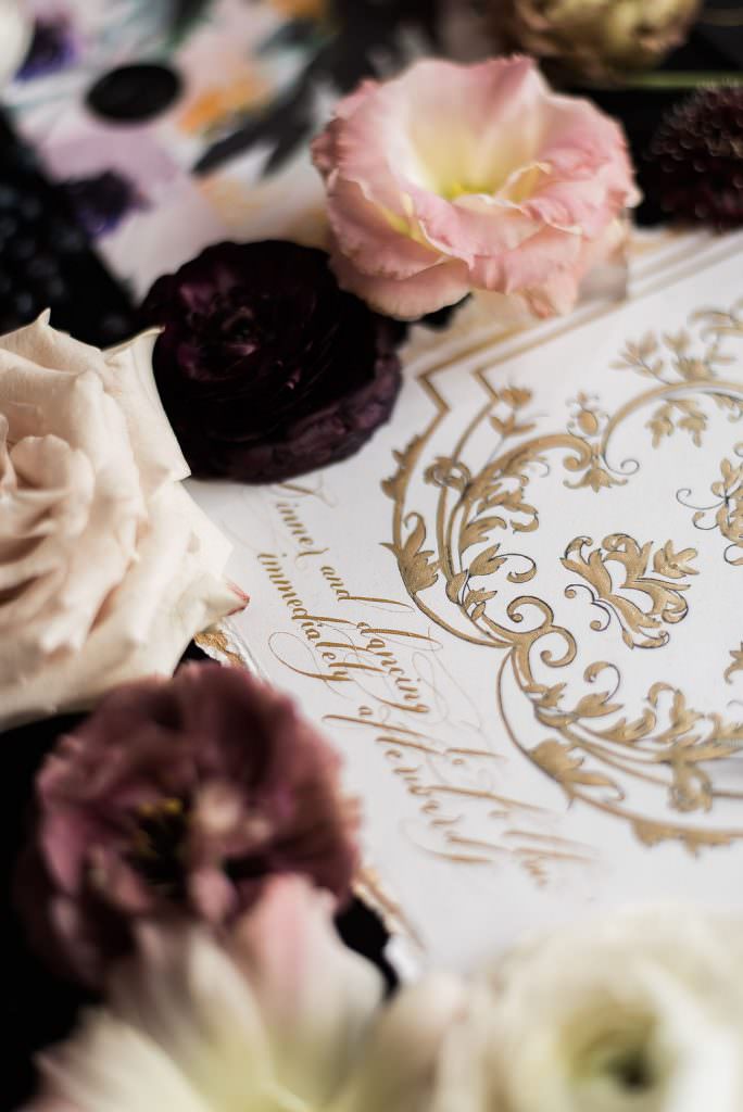 Moody Black tie wedding invitation with baroque French Style inspiration