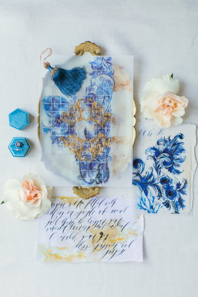 Destination wedding invitations with blue Azulejos inspired artwork
