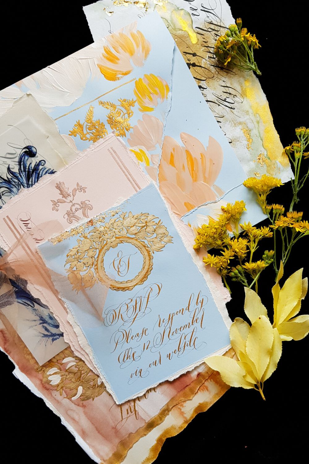 Romantic elegant blue blush and gold fine art wedding invitation suite for a destination wedding at Villa Cipressi