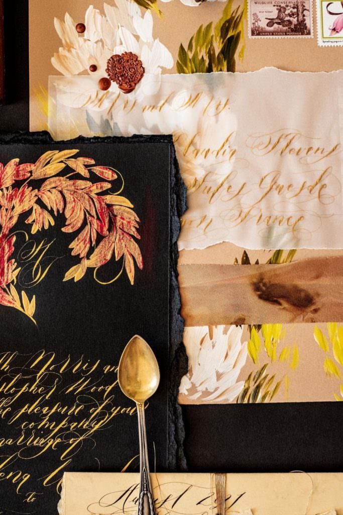 Venice Wedding black tie Invitations with custom made luxurious hand painted details