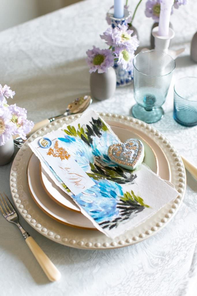 Botanical, hand painted hydrangea floral wedding stationery featuring menu design for a wedding at Stowe Hall