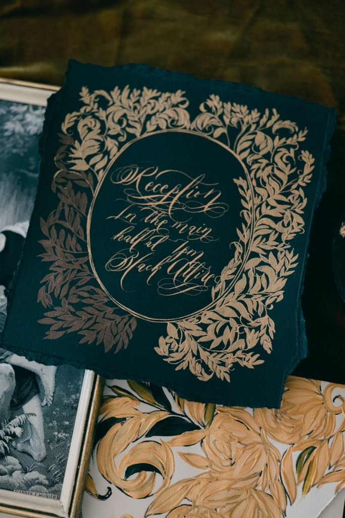Black tie wedding stationery, hand painted with deep brown and pale gold for a classical elegant wedding