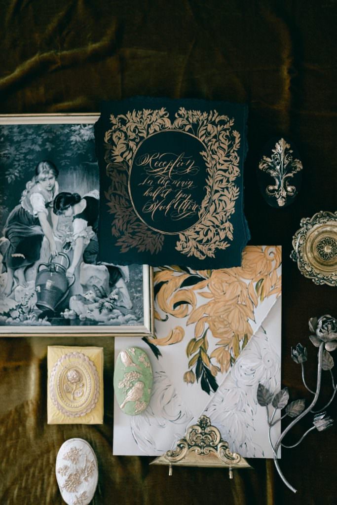 Fine art wedding stationery with classical champagne and gold hand painted details for a luxury, high-end event