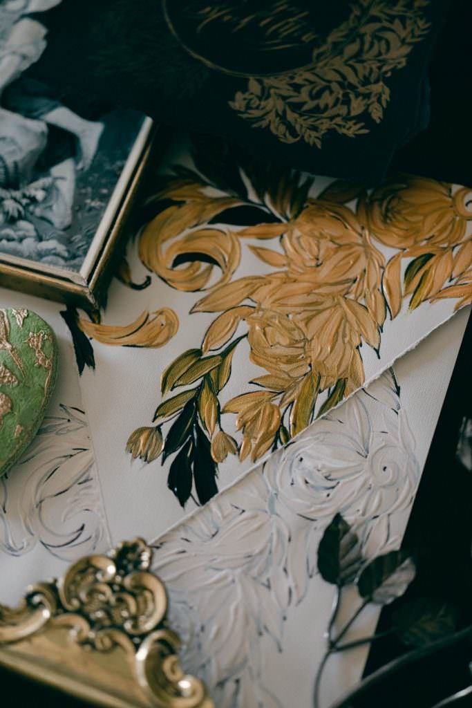 Gold floral designs for a hand painted, luxury classical wedding invitations suite