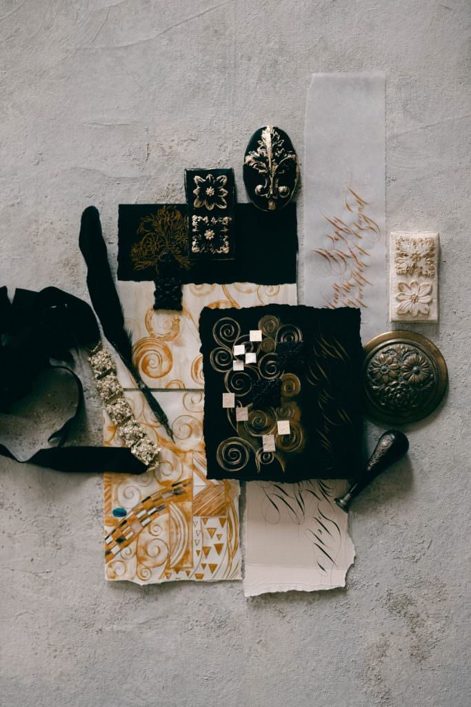 Gustav Klimt inspired avant-garde, modern yet refined wedding stationery with black, gold and deep cream paired with rich gold design.