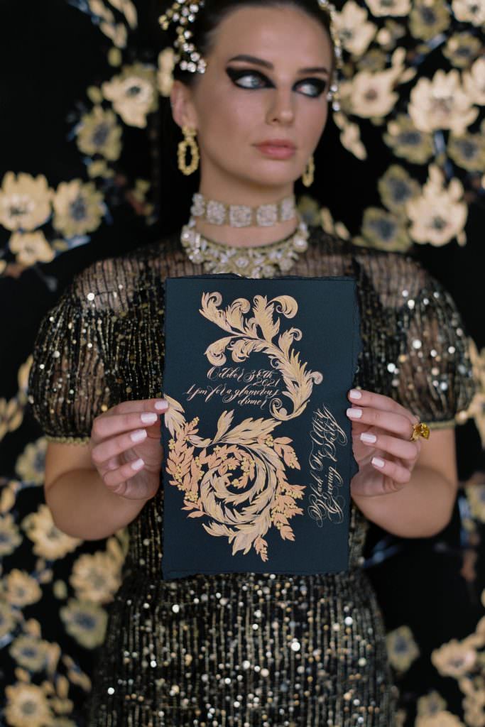 Moody Gustav Klimt inspired, Grecian queen black and gold, luxury wedding stationery design for a high-end destination wedding