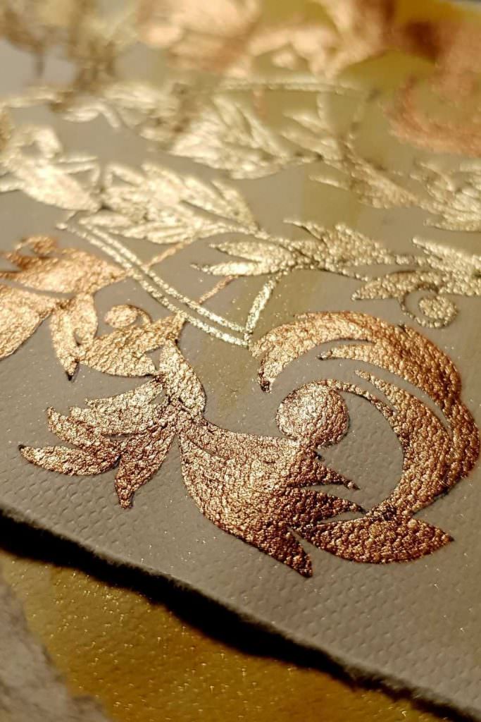 Deep rich yellow watercolour with copper and gold ornate design for a Gustav Klimt themed styled shoot