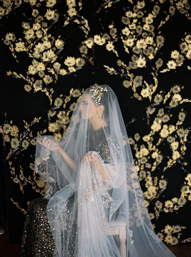 Gustav Klimt Editorial with a moody black and gold hand painted fine art backdrop