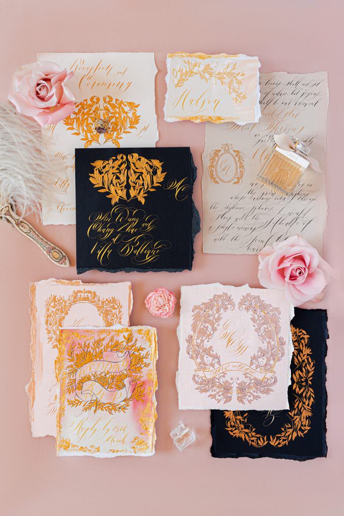 Italy wedding invitations with pale pink and black hues