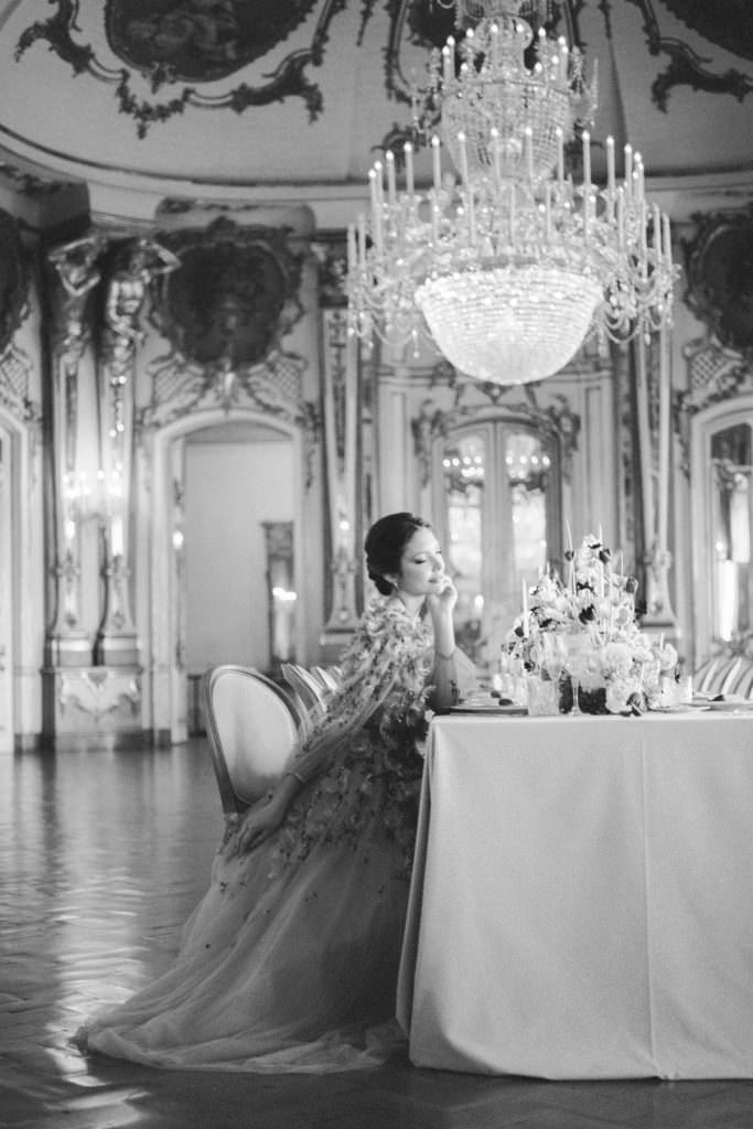 Fine art royal wedding inspiration from Queluz Palace in Lisbon, Portugal with black and white editorial photography