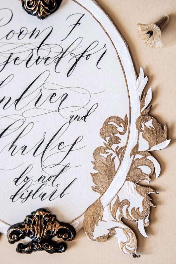 Luxury die cut room label, hand painted detail for a wedding at Queluz Palace, Portugal