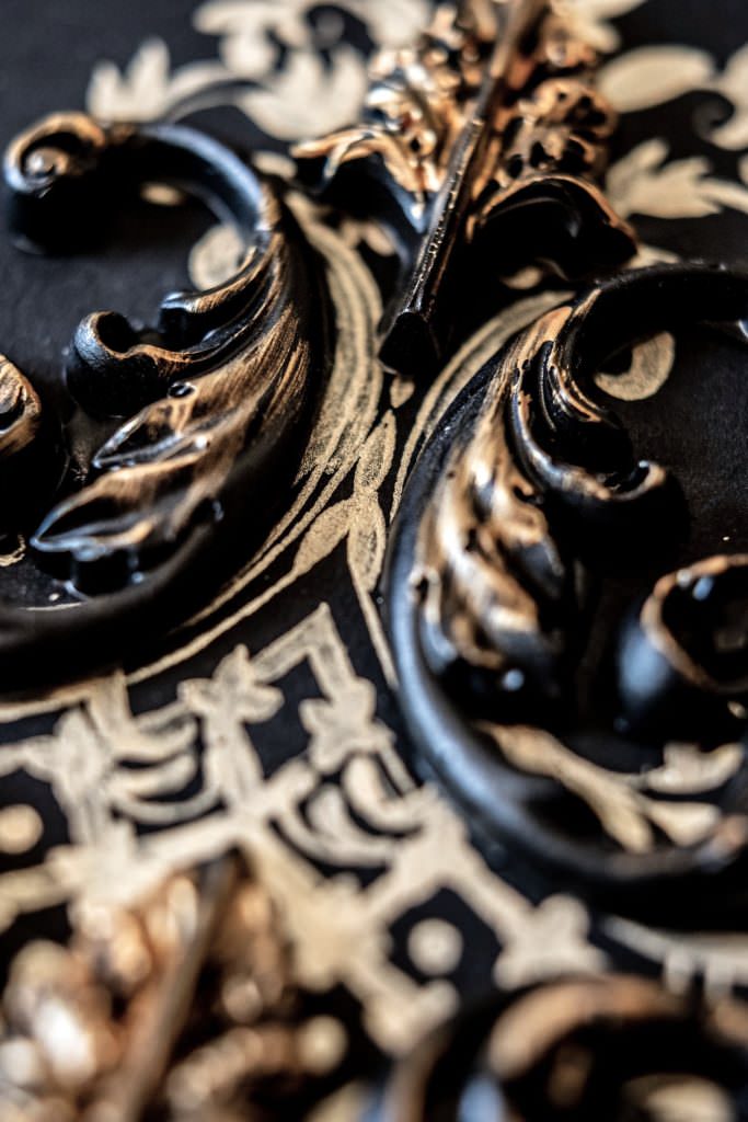 Luxury wedding invitation card for a lavish wedding with black and gold ornate detail for a destination wedding at Queluz Palace, Lisbon, Portugal