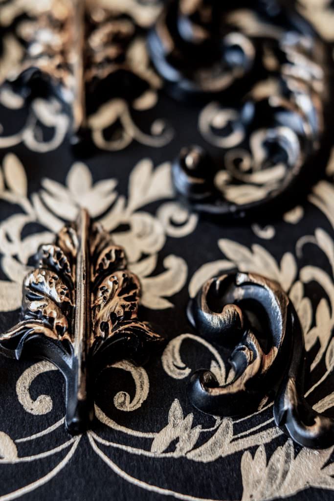 Luxury wedding invitation card with black and gold ornate design and 3D elements for a destination wedding at Queluz Palace, Lisbon, Portugal