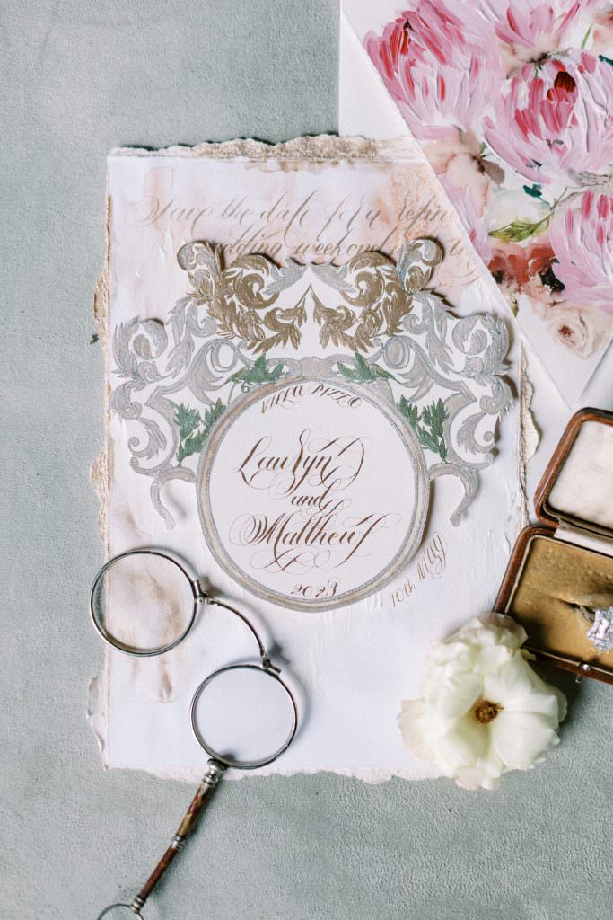 Italian inspired invitations for a blush and silver wedding in Italy at Villa Pizzo