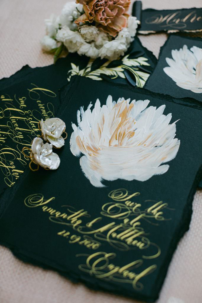 Black white and gold spring moody wedding inspiration at Blenheim Palace