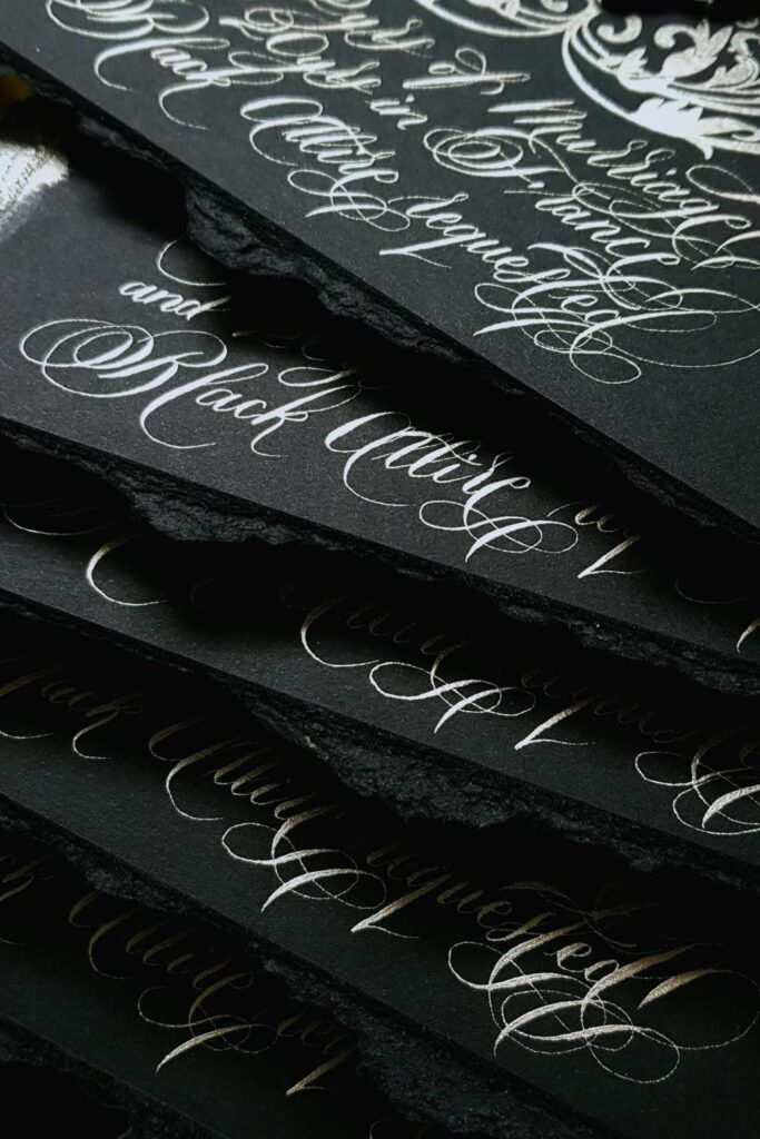 Black tie anniversary invitations with gala event cards with calligraphy