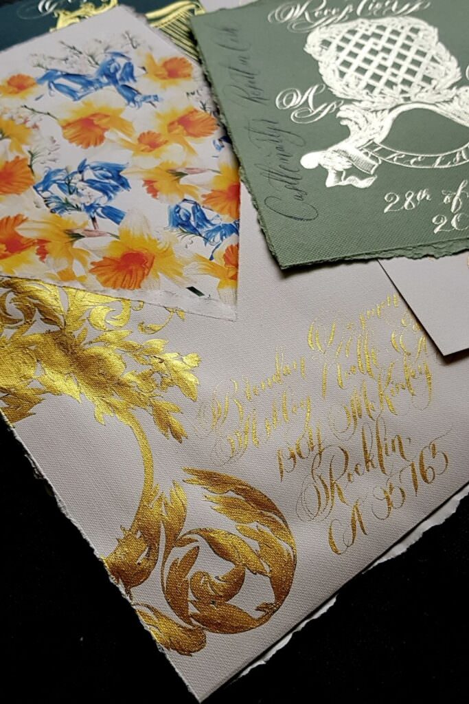 Irish Elopement wedding invitations for a destination elopement with rich yellow daffodil watercolour and pale gold vintage crest
