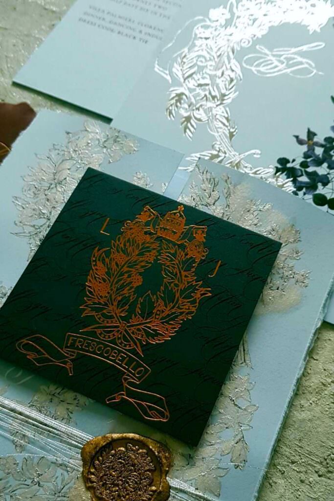 Luxury Persian Wedding Invitations navy blue, pale blue and silver embossed foil design