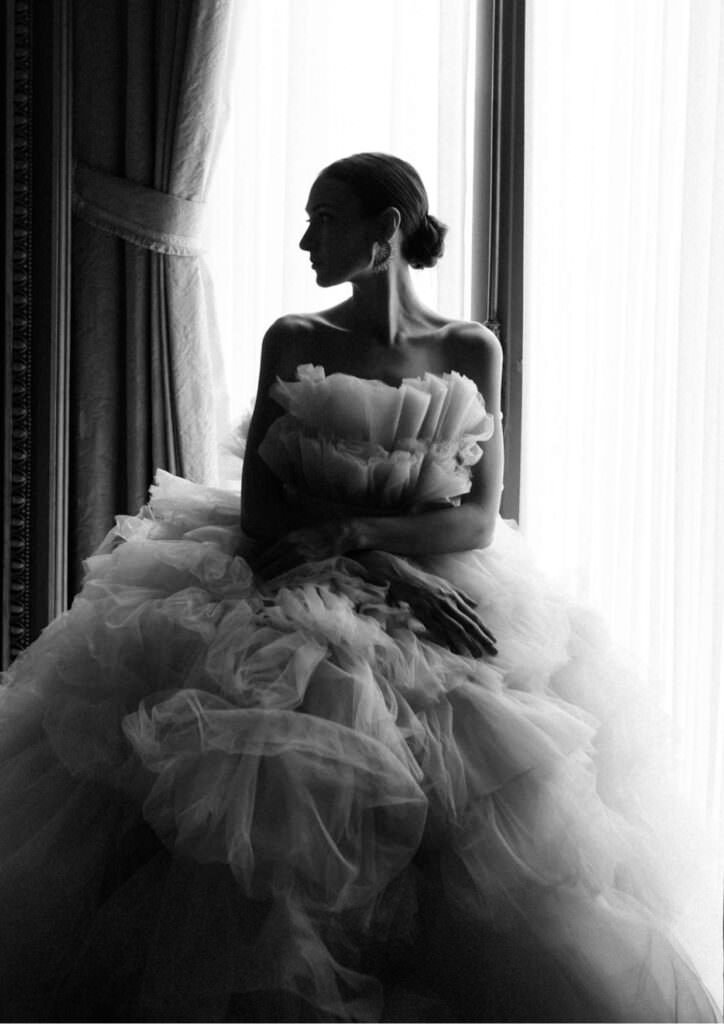 Perry Belmont luxury, high fashion wedding inspiration with a chiffon wedding dress