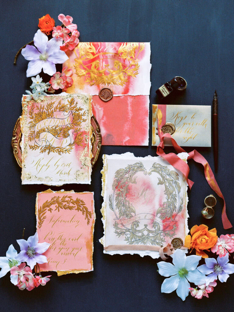 Pink and gold wedding stationery for a destination wedding in Sintra, Portugal