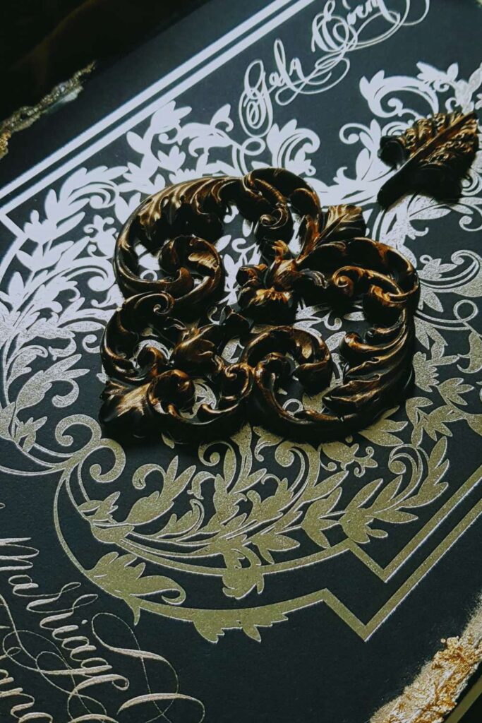 Black tie anniversary invitations with gala event cards with wax mould design