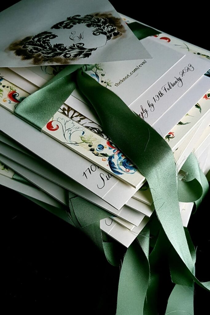 Italian Renaissance Wedding Invitations with pale cream, gold crest designed envelope and hints of blue and green