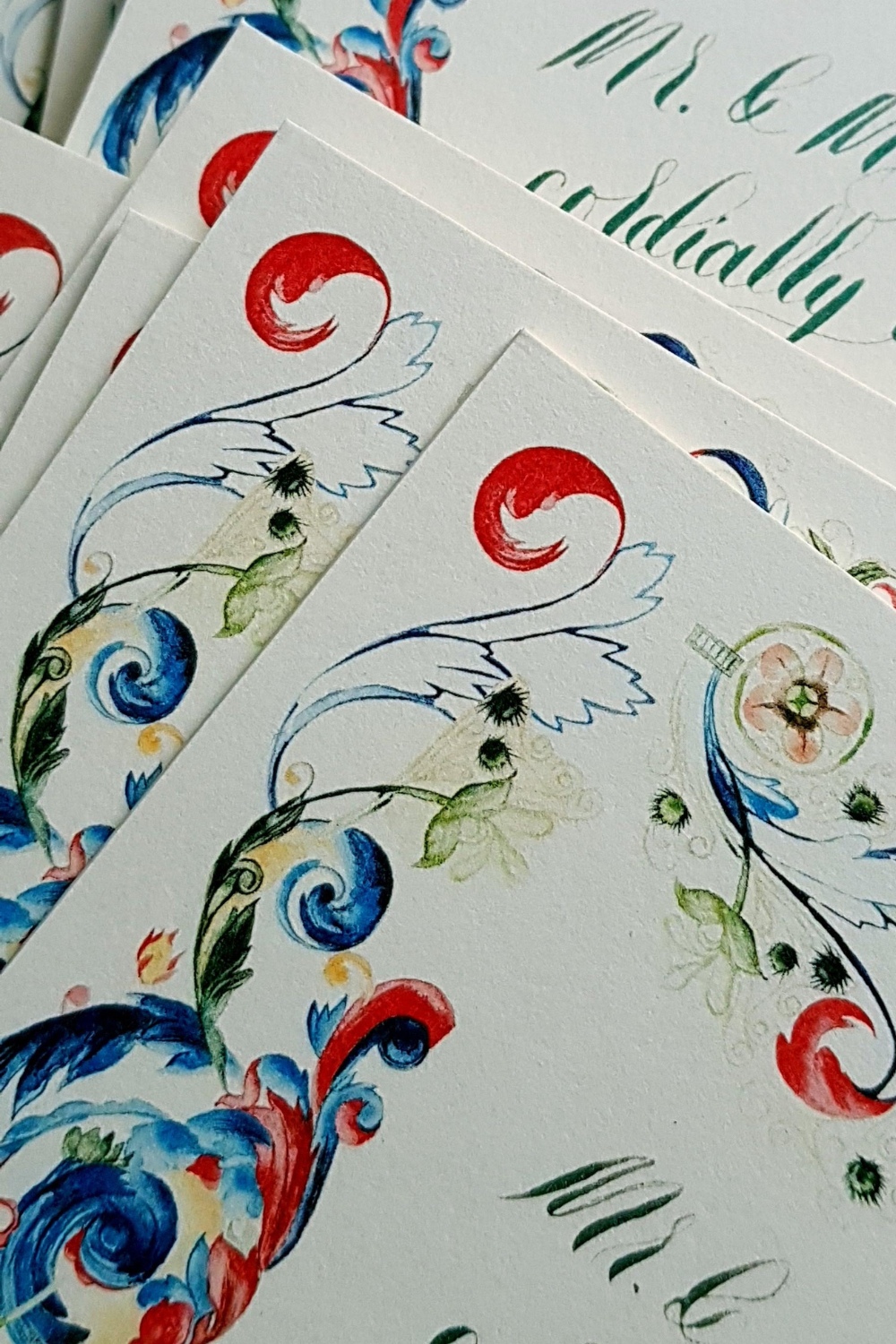 Italian renaissance wedding invitations inspired by red and blue vintage Florence inspired watercolour paintings