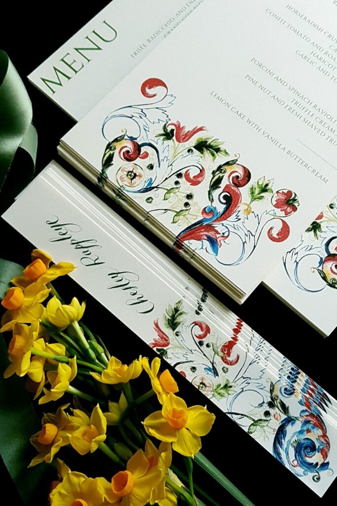 Italian style menu and place name cards with Italian style watercolour paintings.