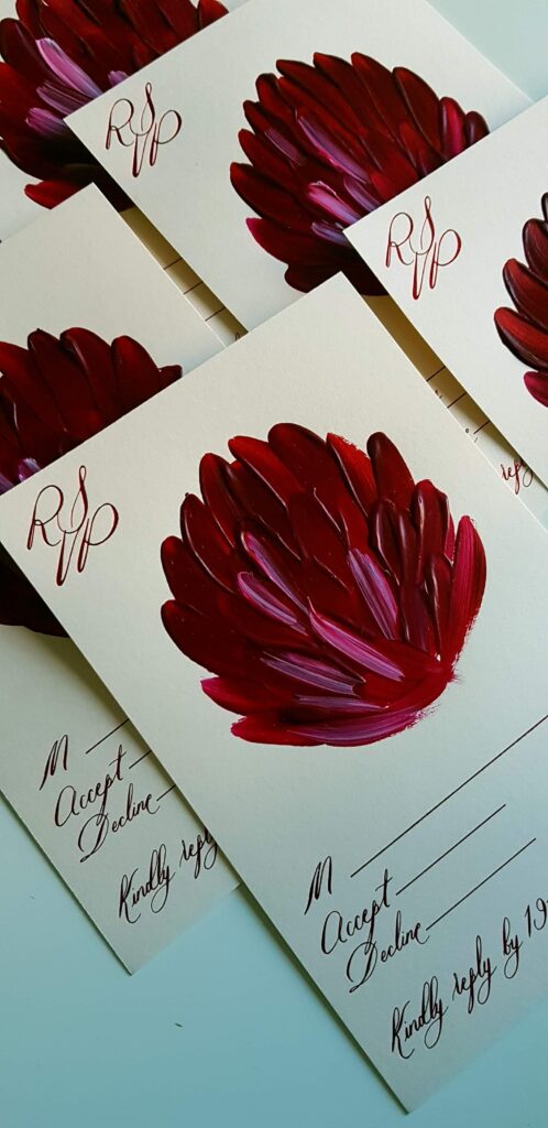 Large red hand painted flower rsvp card design with red calligraphy