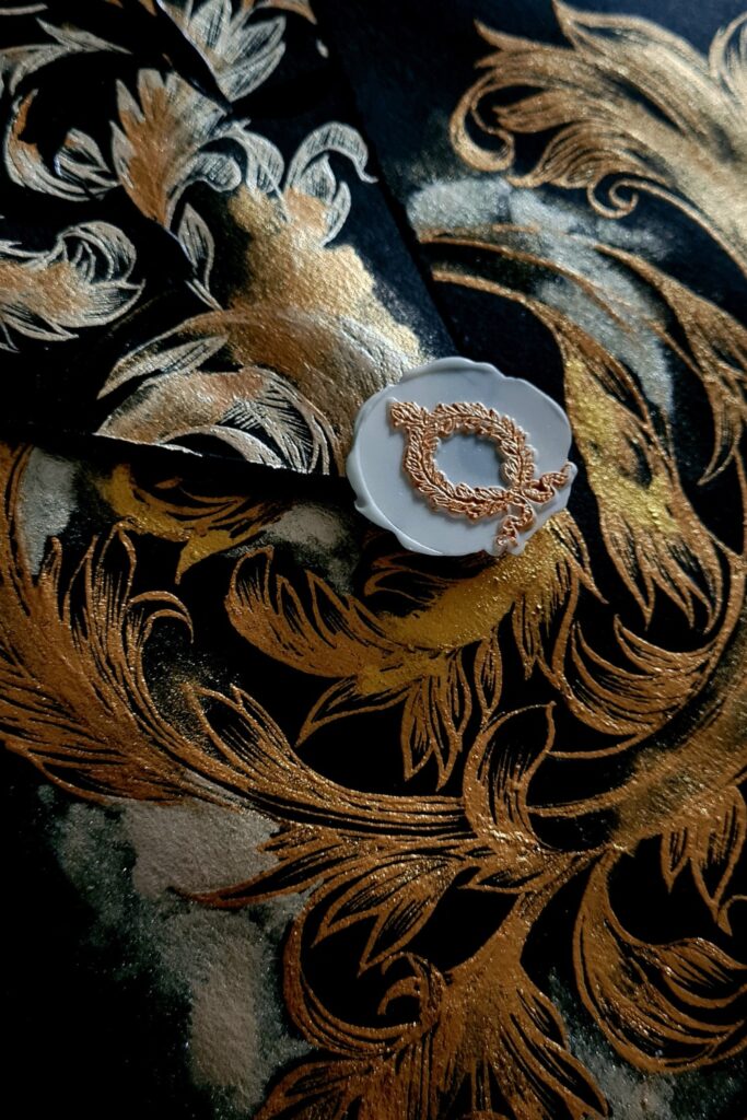 Luxury black and gold hand painted fine art envelope