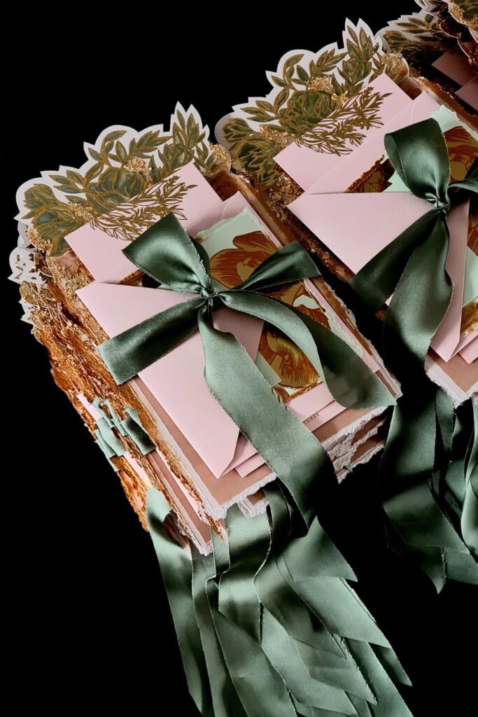 Luxury black tie wedding invitations with blush, pale green and gold accents for an elegant, fine art wedding stationery suite
