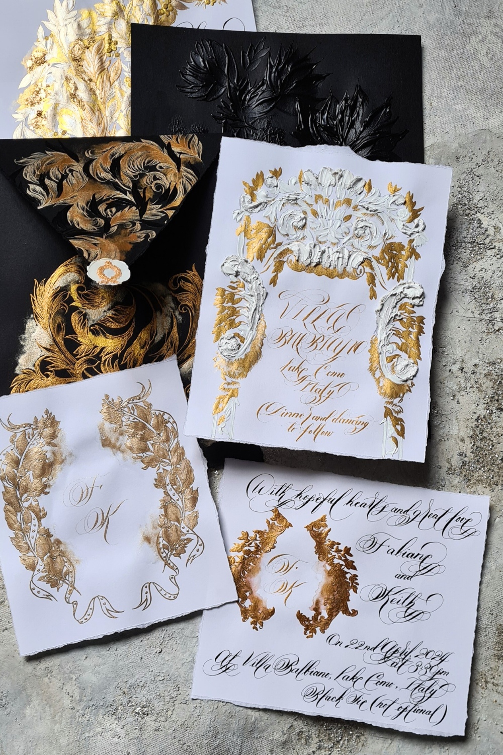 Moody Rococo Italian Wedding Invitations featuring a striking yet classical range of black, white and gold ornate invitations