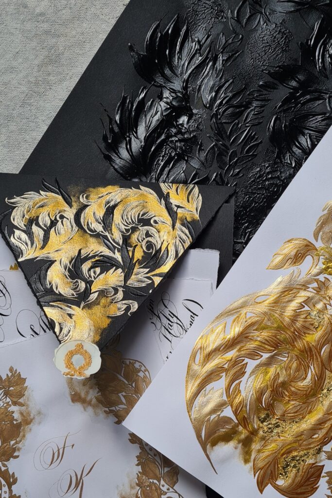 Moody Rococo Italian Wedding Invitations with ornate gold design
