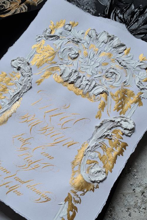 Moody Rococo Italian Wedding Invitations with thick textured white artwork copy