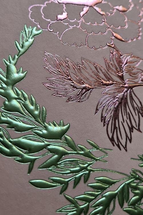 Romantic Amalfi Style Invitations with blush and green embossed card design