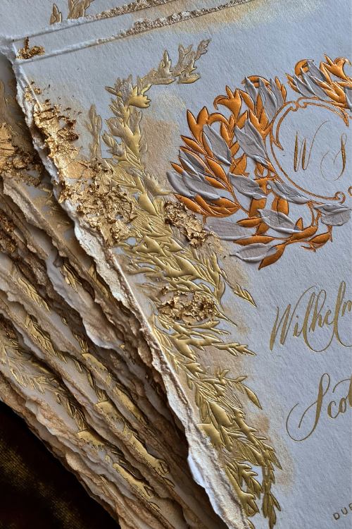 Romantic Amalfi Style Invitations with couture gala style white and gold invitations