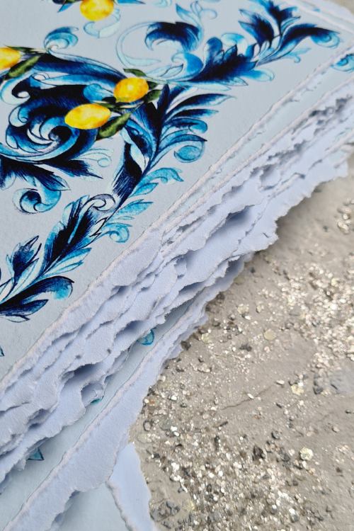 Romantic Amalfi Style Invitations with royal blue ornate azulejos-tile and lemons inspired artwork for a classical Italian wedding