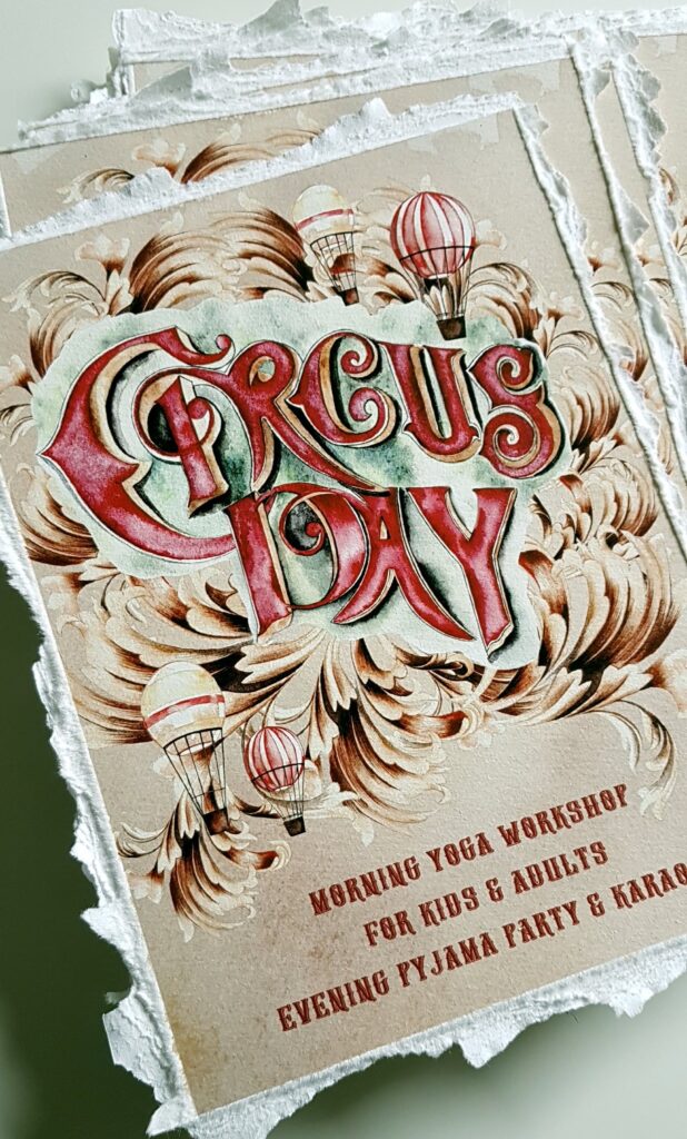 Vintage circus custom invitations with red and pale brown watercolour illustrations