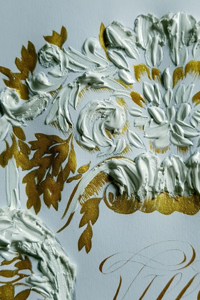 White and gold textured thick architectural plaster coving inspired wedding invitation design