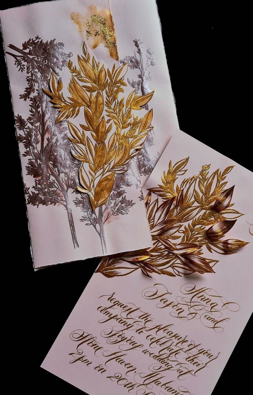 Luxury renaissance style, blush and gold leaves wedding invitations - 1