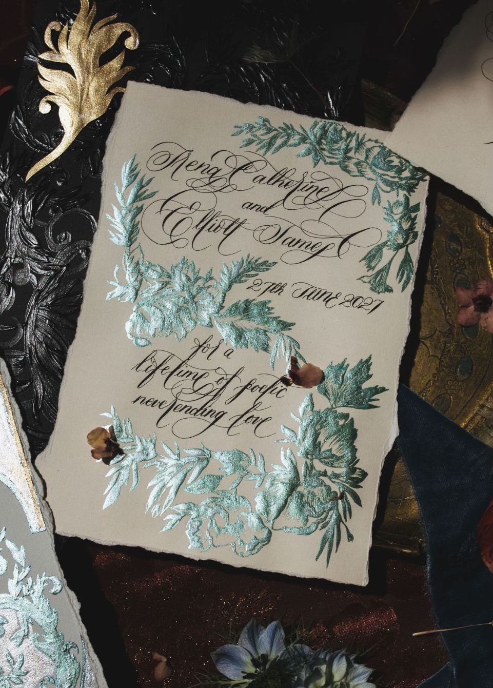 Pale blue floral wedding invitations with handwritten calligraphy - 1