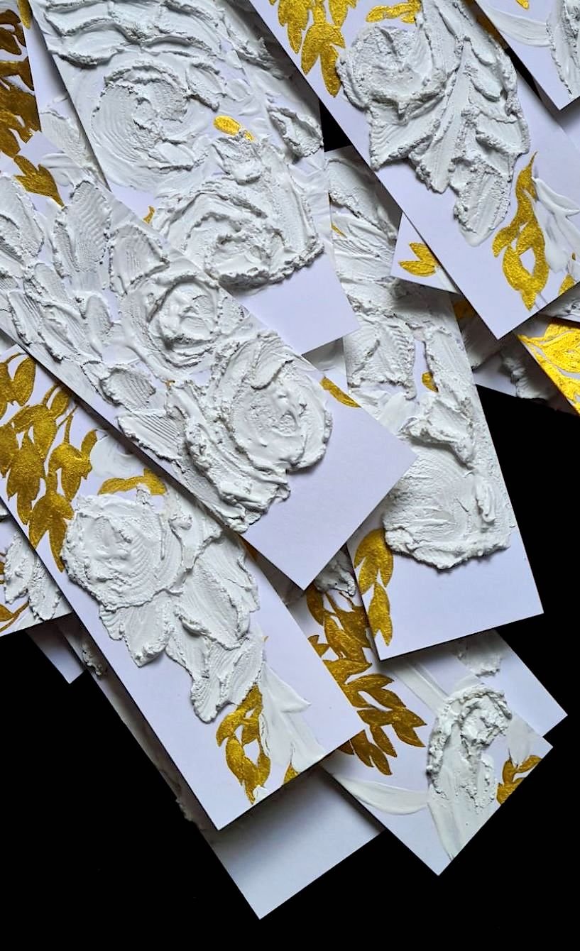 White cement, plasterwork invitations with white and gold painted details - 1
